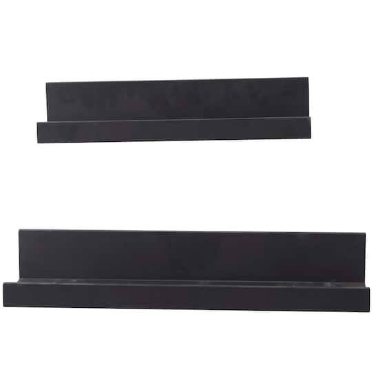 CosmoLiving by Cosmopolitan Black Wood 2 Shelves Wall Shelf with Lip Set of 2 24&#x22;, 18&#x22;